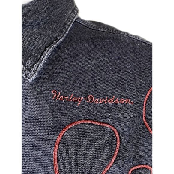 VTG Y2K Harley Davidson Motorcycle 2004-3W/3X Denim Button Jacket Black w Flame - Picture 2 of 11